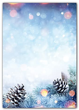 25 Blatt Winter Motivpapier Briefpapier (Weihnachten-5251, DIN A4) wunderschöne Tannzweige im Schnee bei Sonnenschein mit Zapfen