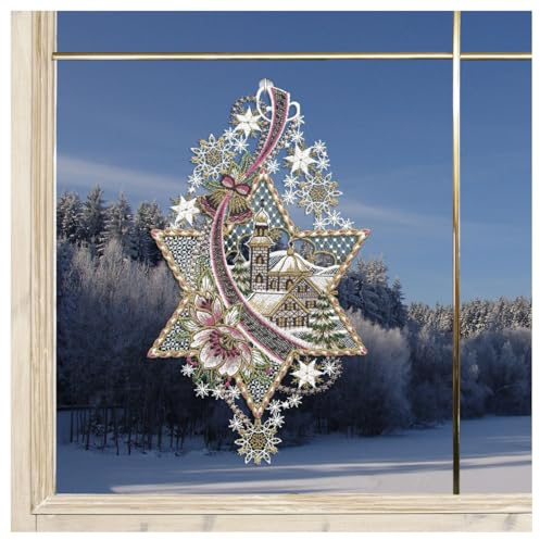 DSD Design-Studio Drechsler Weihnachts-Fensterbild Stern mit Kirche Fenster-Dekoration Advent Winterlandschaft aus Plauener Spitze rosa 34x19 cm