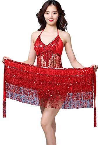Belly Dance Skirt Hip Scarf, Sequin Tassel Belly Dancing Skirt Dance Hip Belt Latin Dance Hula Hip Scarf Performance Outfit for Women Girls