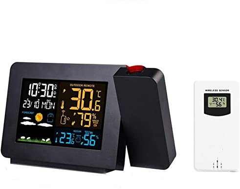 UIBAO Wireless Weather Station Projection Alarm Clock,Digital Clock Projector on Ceiling with Indoor/Outdoor Temperature Display,Dual Alarms,Colored Backlight,Weather Forecast 12/24 Hour/Dimmer