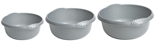 JMS we create smile (Set of 3 Silver Round Plastic Bowl 5L 7L10L Litre Washing Up Mixing Bowl Washing Basin Sink Tidy Organiser Wash Tub Kitchen Camping (Assorted Sizes)