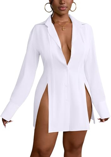 LYANER Women's Button Down Shirt Dress Collar V Neck Long Sleeve Slit Sexy Shirt Dresses White XX-Large