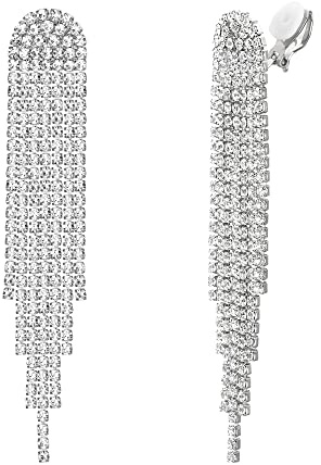 Clearine Quaste Ohrclips Mode Lange Tropfen Kronleuchter Funkeln Strass Kristall Clip-on Ohrringe für Damen Klar Silber-Ton