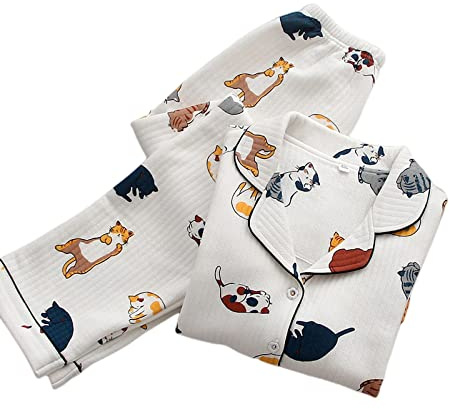 SSLLH Damen Schlafanzug Dicker Warm Winter Pyjama für Frauen Baumwolle Heimanzug Cartoon Katze Bedruckte Nachtwäsche Damen 2 Stück Langarm Homewear Set - Weiß, L