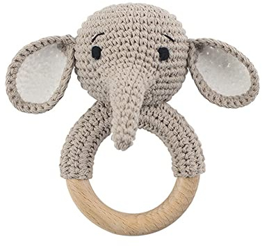 Baby Greifling Rassel Beißring,Tier Gehäkelte Babyrassel Häkeln Holz Greifling Baby Rassel Fuchs Tiger Löwe Hase Baby Montessori Babyspielzeug für Neugeborenes Baby Junge Mädchen Geschenk zur Geburt