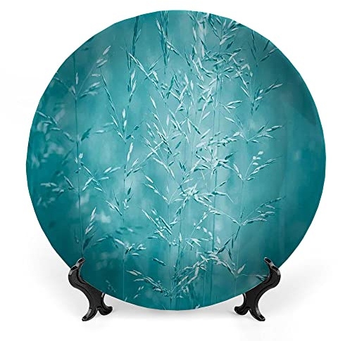LIGUTARS Decorative Plates, Turquoise Decor Print Ornament, Blur Meadow Grass Plant Herb in Seasonal, 10 Inch, 1 Plate with 1 Display Stand, Blue
