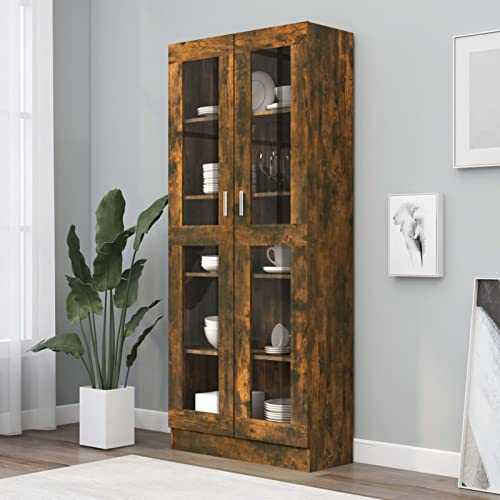 ZEYUAN Vitrinenschrank, Vitrine, Wandschrank, Schrank Regal, Glasregal, Glasvitrine Stehend, Eckvitrine, Manga Regal, Räuchereiche 82,5x30,5x185,5 cm Holzwerkstoff