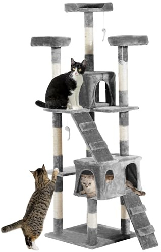 PawHut Large Cat Tree 173 cm Cat Tower with 10 Scratching Posts Grey | 3 Perches, 2 Condos, 1 Ramp, Kitty Climbing Tower, Activity Centre House for Indoor Kittens