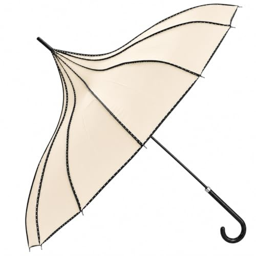 Superbia Pagoda Stick Umbrella Parasol With Polka Dots Trim Sun Rain Wedding Event Beige(Ivory)