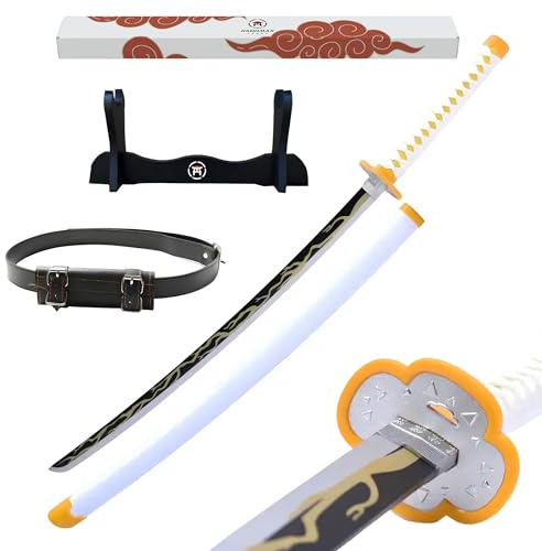 Hashiman - Katana Demon Réplique Manga Sabre + Support Epée Bois + Ceinture - Catana Japonais Cosplay Décoration Jouet Enfant Adulte - Jeu Déguisement Deco Ninja (Zenitsu Agatsuma)