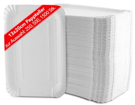 Vivopack Pappteller 13 x 20 cm eckig | 250 Stück weiß | Robustes Frischfaser-Design | Ideal für Weihnachten und Geburtstage | Campinggeschirr