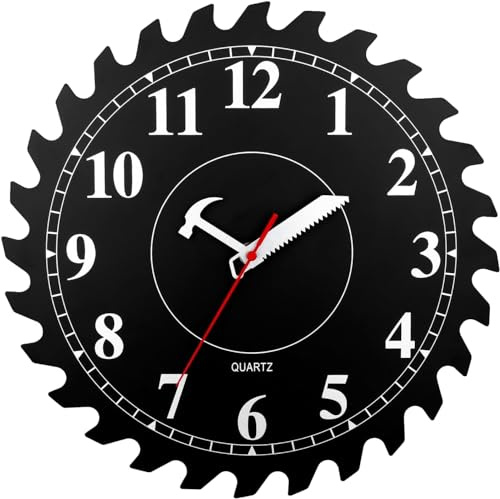 CIGERA 12 Inch Wall Clock with Circular Saw Blade Dial, Handsaw and Hammer Pointer,Great Decor for Home,Workshop and Man Cave (Black)