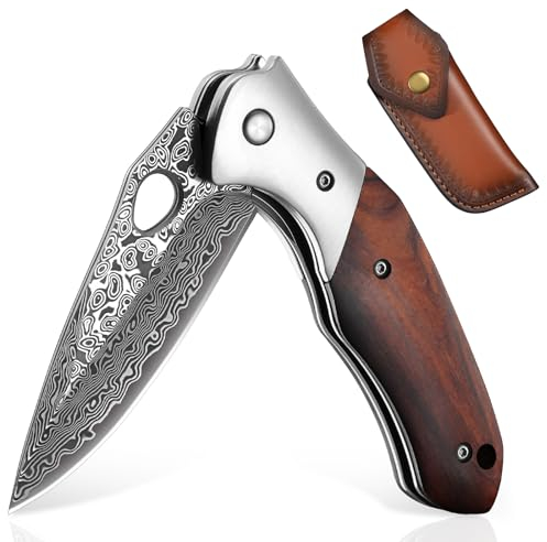 DRAGON RIOT Damast Taschenmesser Klappmesser, VG10 Damaststahl Outdoor Taschenmesser, Damastmesser Jagdmesser mit Holzgriff, Outdoor Messer Survival Damast Messer für Camping, Geschenke für Männer