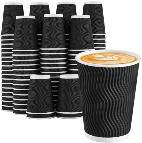 Lamosi Disposable Coffee Cups 12 oz 100 Pack, Paper Coffee Cups 12 oz for Hot Drinks or Cold Beverages, Insulated Corrugated Ripple Wall Cup for Office, Cafe, Home or Travel (Black)