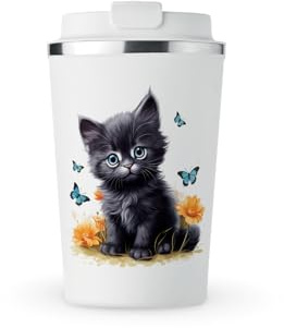 MAXIKIWI Isolierter doppelwandiger, auslaufsicherer Edelstahlbecher, Kaffee- oder Tee-Reisebecher mit Deckel, hält Getränke heiß und kalt, niedliche schwarze Katze, 350 ml
