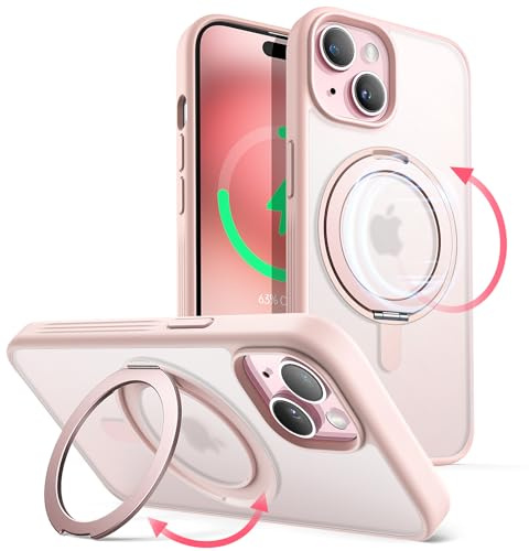 JETech 360° Rotatable Ring Stand Case for iPhone 15, Pink | Compatible with MagSafe, Translucent Matte Back, Stand & Ring Holder, Shockproof Protection