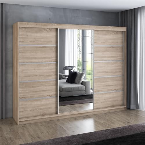 A&J MöbelLand Schwebetürenschrank VILUNO 1 Kleiderschrank 3-türig 200 cm mit Spiegel, 4 Schubladen & 2 Kleiderstangen, Geräumiger Schlafzimmerschrank (Sonoma)