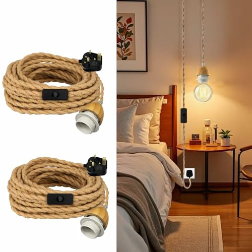 Rustic Hemp Rope Pendant Light Fitting, 2PCS Vintage Hanging Lights with 16.7 FT Plug in Cord, Retro Plug in Ceiling Light Fixture, E27 Bulb Holder with DIY Lampshade Socket Ring, for Kitchen