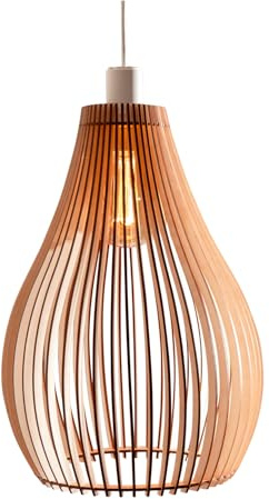 Nordestic Pendelleuchte Holz „Loki“, skandinavische Hängelampe Esstisch + Wohnzimmer, Boho Hängeleuchte höhenverstellbar + dimmbar mit E27 Fassung (HxD 30x22 cm, Loki)