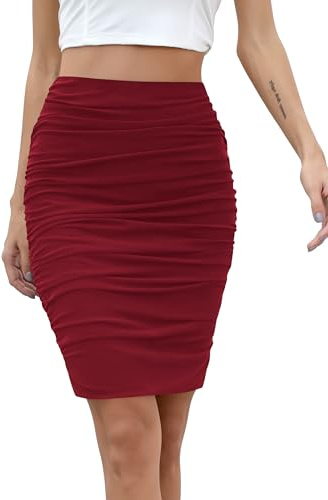 Missufe Damen Mesh Figurbetonter Stretch Enger Bleistiftrock Hohe Taille Kurz Elastischer Bodycon Rock (Burgunderrot, Klein)