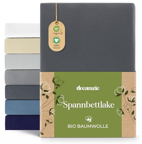 Dreamzie - Spannbettlaken 120/130x200 cm - 100% Jersey Biobaumwolle | Dunkelgrau · Leintuch mit Rundumgummi · Spannbetttuch bis 32 cm Steghöhe Oeko-Tex zertifiziert · Hypoallergen · Einzelbett