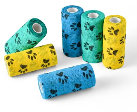 WePet Pet Wrap Selbstklebend Haftet NUR AN SELBST, Vliesband für Hundebeine, Pfoten, Wunden, Erste Hilfe Kohäsive Gaze für Pferd, Katze, Vogel, Tier, 6 Rollen, 10 cm Pfotenabdrücke A