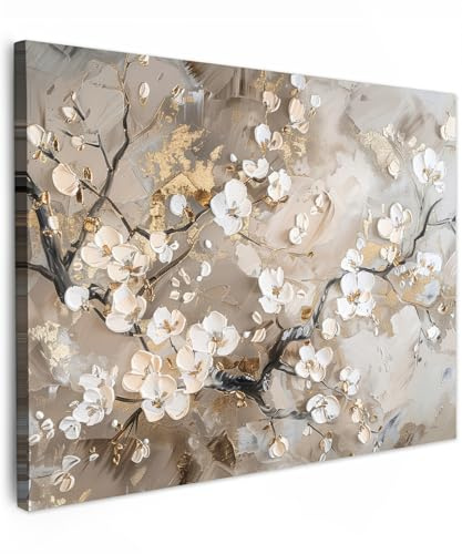 MuchoWow© Cuadros Decoracion Salon Modernos Dormitorios Cuadro Decorativos | 80x60 cm - de Lienzos Decorativo Decoración Cabecero Cama Flores - Blanco - Oro - Beige - Lujo