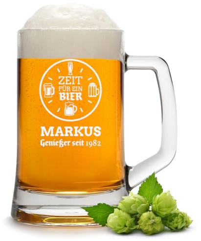 polar-effekt Glas Bierkrug 0,5 Liter mit personalisierter Gravur - Geschenk-Idee Jubiläum und Geburtstag - Krug mit Henkel für Bierliebhaber - Extra spülmaschinenfest