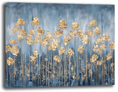 Quadro Moderno Soggiorno FIORI 70x100 cm blu oro Quadri moderni FIORE da Parete Stampa su tela Canvas Decorazione Murale muro Arredo Camera da letto Cucina (1, 70x100 cm, Canvas intelaiato)