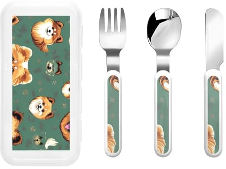 Reiseutensilien-Set mit Pommeranians-Muster, inklusive Gabel, Löffel, Messer, ergonomischer Löffel für Rechtshänder