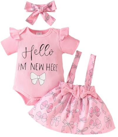 LUVCES Conjunto Ropa Bebé Niñas Manga Corta con Volantes Mono Top + Estampado Floral Falda Vestido con Tirantes+Diadema 3 Piezas Trajes Verano Ropa Rosa hello 12-18 Meses