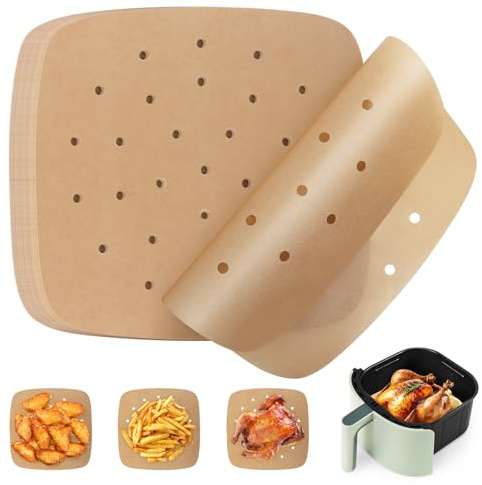 200 Papier Sulfurisé Air Fryer，Perforé Papier Cuisson Air Fryer，Jetable Antiadhésive Sans Huile Papier Parchemin Accessoires pour Friteuse Cuiseur à Vapeur Four Air Fryer-9.5in