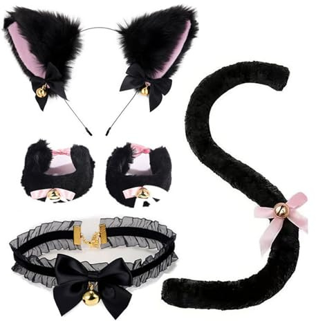 5-teiliges Katzen-Cosplay-Kostüm-Set – schwarzes Katzenohren-Stirnband mit Glöckchen, verstellbarer Schwanz, Handschellen, Verkleidung für Damen, Mädchen, Rollenspiele, Party, Halloween