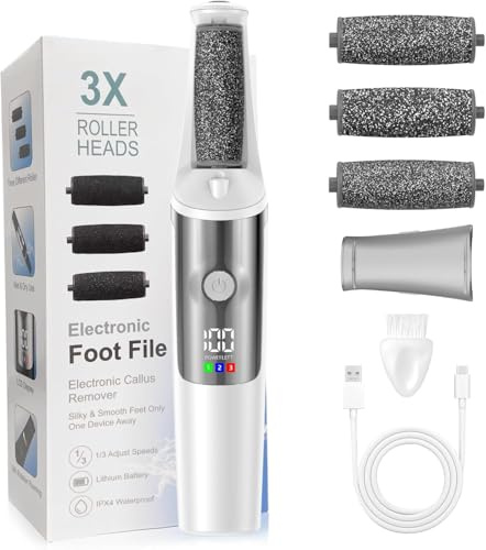Foot Files Electric Hard Skin Remover Electric Foot Callus Remover for Feet with 3 Roller Heads, 3 Speeds-Waterproof, Rechargeable Professional Pedicure Tool for Men Women Dead Skin Dry Skin