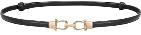 LEACOOLKEY Dünner Ledergürtel für Damen für Kleidung – verstellbarer dünner Taillengürtel mit goldener Schnalle, Schwarz , 120cm(Adatto per vita fino a 109cm)