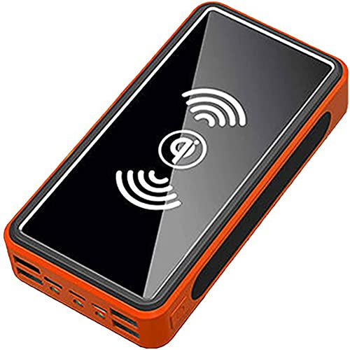 Power Bank 30000Mah Wireless Solar Charger, Portable s with 4 Outputs & LED Flashlight, External Battery Quick Charge Qi for Outdoor Camping, Black,Orange