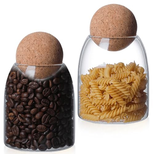 Bocal en Verre avec Couvercle, 2er Set Bocaux de Stockage en Verre, Pot en Verre de Bonbons, Bocaux de Conservation en Verres avec Boule de Liège, Bocal Verres pour Thé,Café,épices,Haricots (500ml)