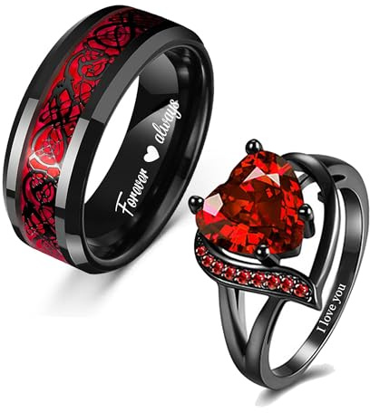 BomdoG Lot de bagues de fiançailles gravées sur mesure pour elle et lui - Bagues de mariage assorties - Dragon celtique - Tungstène - Rubis rouges - Taille 52-69 (couple 2)