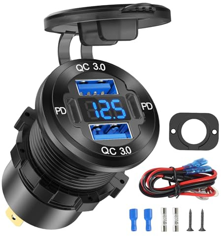 Adattatore per caricabatterie da auto USB C, 60 W, 4 porte, in metallo, con voltmetro, PD/QC3.0 USB C 30 W + USB A 30 W, adattatore accendisigari per iPhone 16 15 Pro Max Samsung S25 Ultra Google