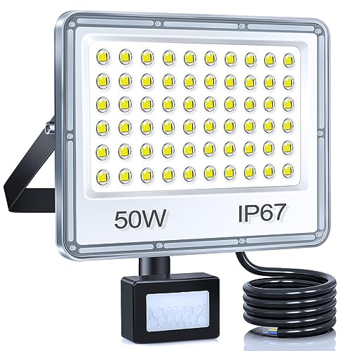YIQIBRO 50W LED Strahler mit Bewegungsmelder Außen für Garten, 1 Stück | 5000LM LED Scheiwerfer mit Bewegungsmelder, 6500K Kaltweiß Aussenstrahler,Außenlampe IP67 Wasserdicht für Lager Garage Keller