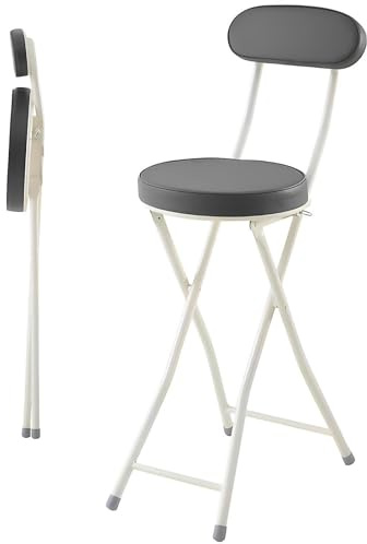 Sgabello Pieghevole da Cucina Imbottito 60 cm, Sgabello Alto for Adulti con Poggiapiedi, Rivestimento in Pelle con Imbottitura in Schiuma, Struttura Metallica Bianca(Gray)
