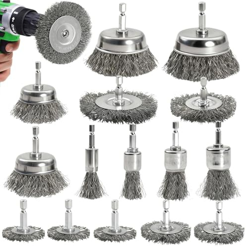 Zyluniy 15 Piezas Set Cepillos de Alambre para Taladro con Vástago Hexagonal 6mm | Cepillos de Acero al Carbono para Eliminar Óxido, Corrosión y Pintura | Ideal para Limpieza de Metal