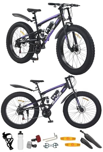 24, 26 Inch Mountain Bike, Adult Bicycle, Teenager Bike, All Terrain Sport’s Cycle, Unisex MTB, Men & Women’s Bike, Dual Suspension, Double Disc Brakes, 21 Speed, Purple (26 Inch)
