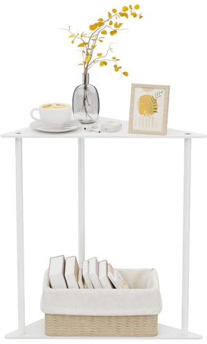 Yawinhe Dreieckiger Beistelltisch,1er Set Metall Klein Couchtisch,Weiß | Mobiler Kaffeetisch 2 Ebenen;48 cm Höhe Wohnzimmertisch für kleine Räume; Nachttisch für Schlafzimmer für Ecken