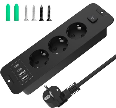 USB C PD 20 W infällbart uttag, 3-vägs grenuttag, infällbar köksuttag med 2 USB A och 2 typ C, infälld bordsuttag, 2 m grenuttag, svart kabel