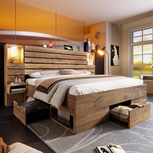 Zravenna Stauraumbett Holzbett 160×200, Kopfteil mit schwebende Nachttische, Schubladen und Offene Ablagefächer Unter dem Bett, Doppelbett Multifunktionsbett (C-Eiche, 160cm*200cm)