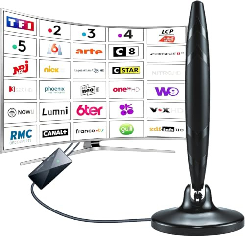 CSUXYD Antenne Interieur TNT Puissante avec Base MagnéTique, Antennes TNT | Amplificateur, Compatible 4K 1080P, Toutes Les Chaînes Gratuites TNT, Câble Coaxial 5m