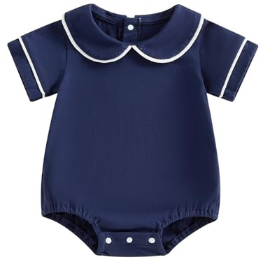 Zukmuk Newborn Baby Girl Boy Clothes Summer Jumpsuit Solid Color Ribbed Short Sleeve Round Neck Bubble Romper Cute Waffle Bodysuit (Navy Doll Collar, 12-18 Months)