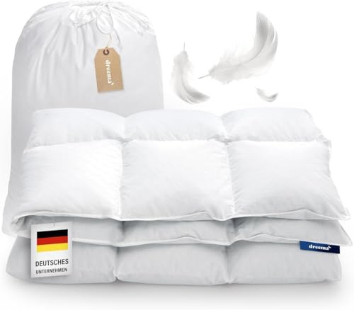 DREEMA Original leichte Feder- und Daunendecke 135x200 | Extra flauschig, anschmiegsam & voluminös | in Deutschland gefertigt | Downpass Zertifiziert | Allergiker geeignet | Baumwollbezug