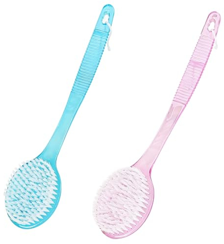 COZERI 2PCS Back Scrubber Body Brush, Non-Slip Long Handle Shower Massager | Wet & dry brushing, exfoliator bath washer, includes pink & blue